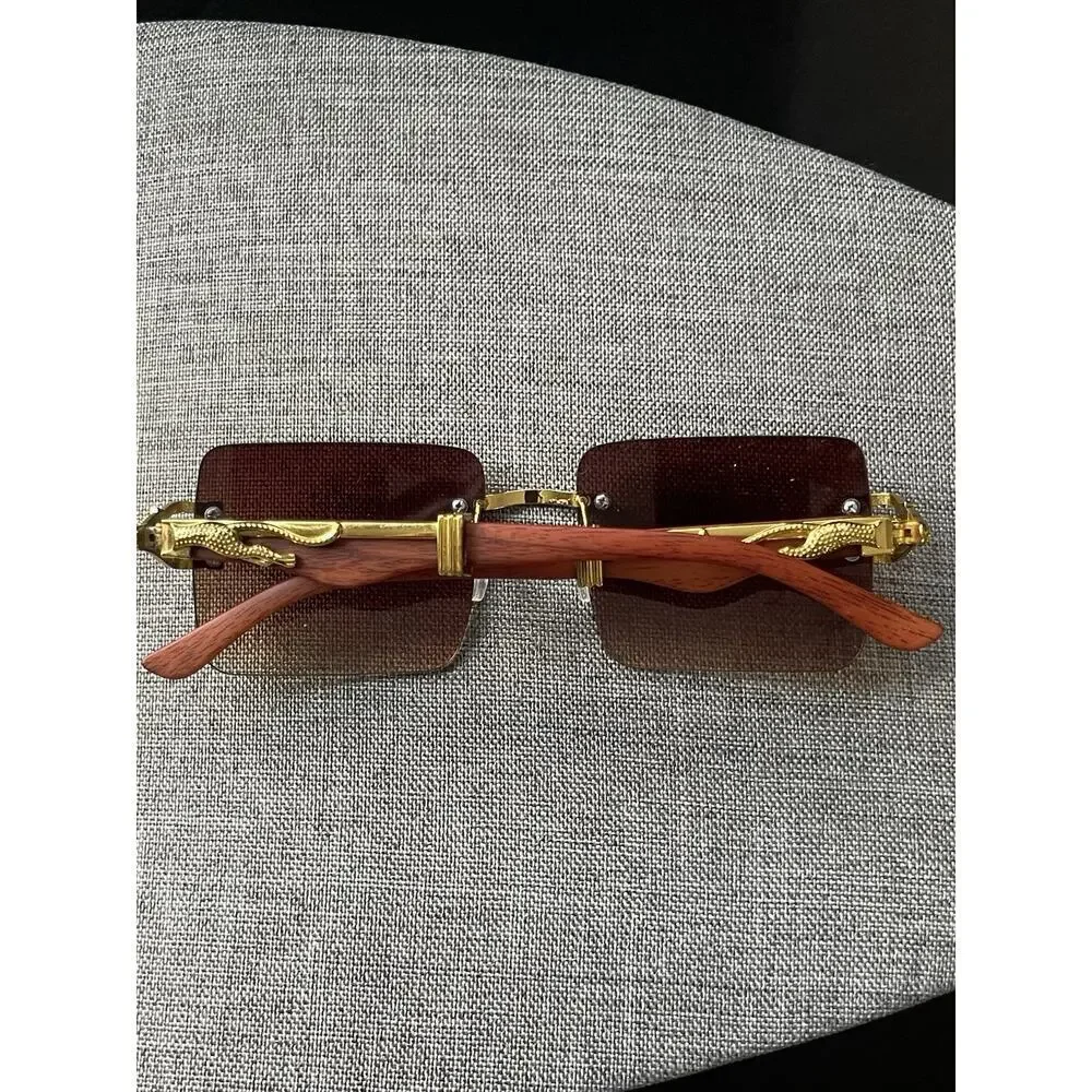 Sunglasses Unisex Square Wood Grain Style Frame Brown UV 400 Gold Tone Cheetah